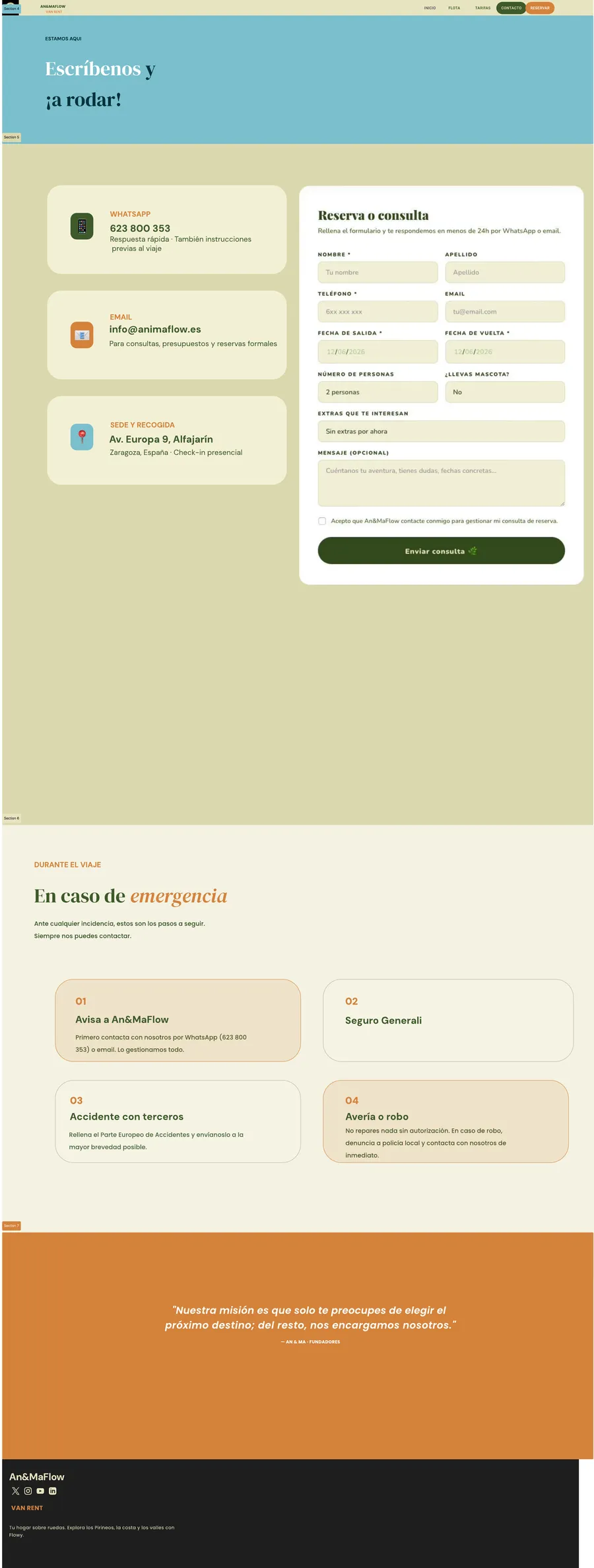 Página de contacto y reserva
