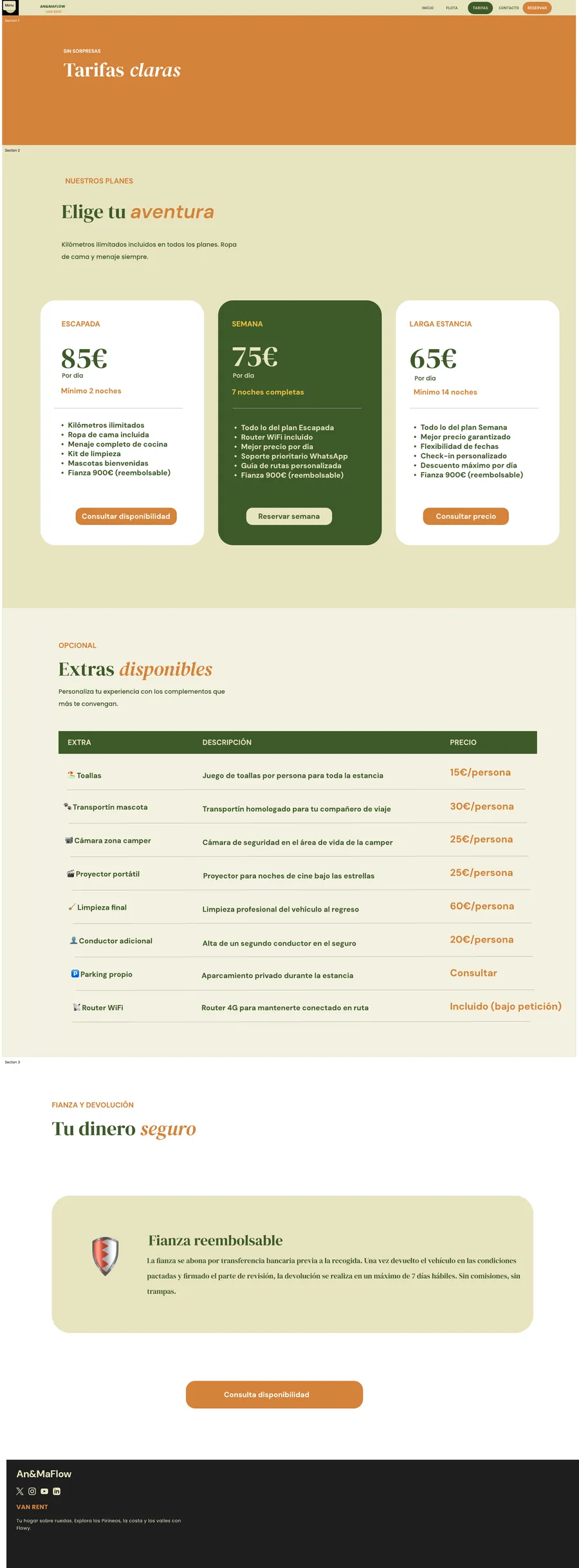Página de tarifas y extras