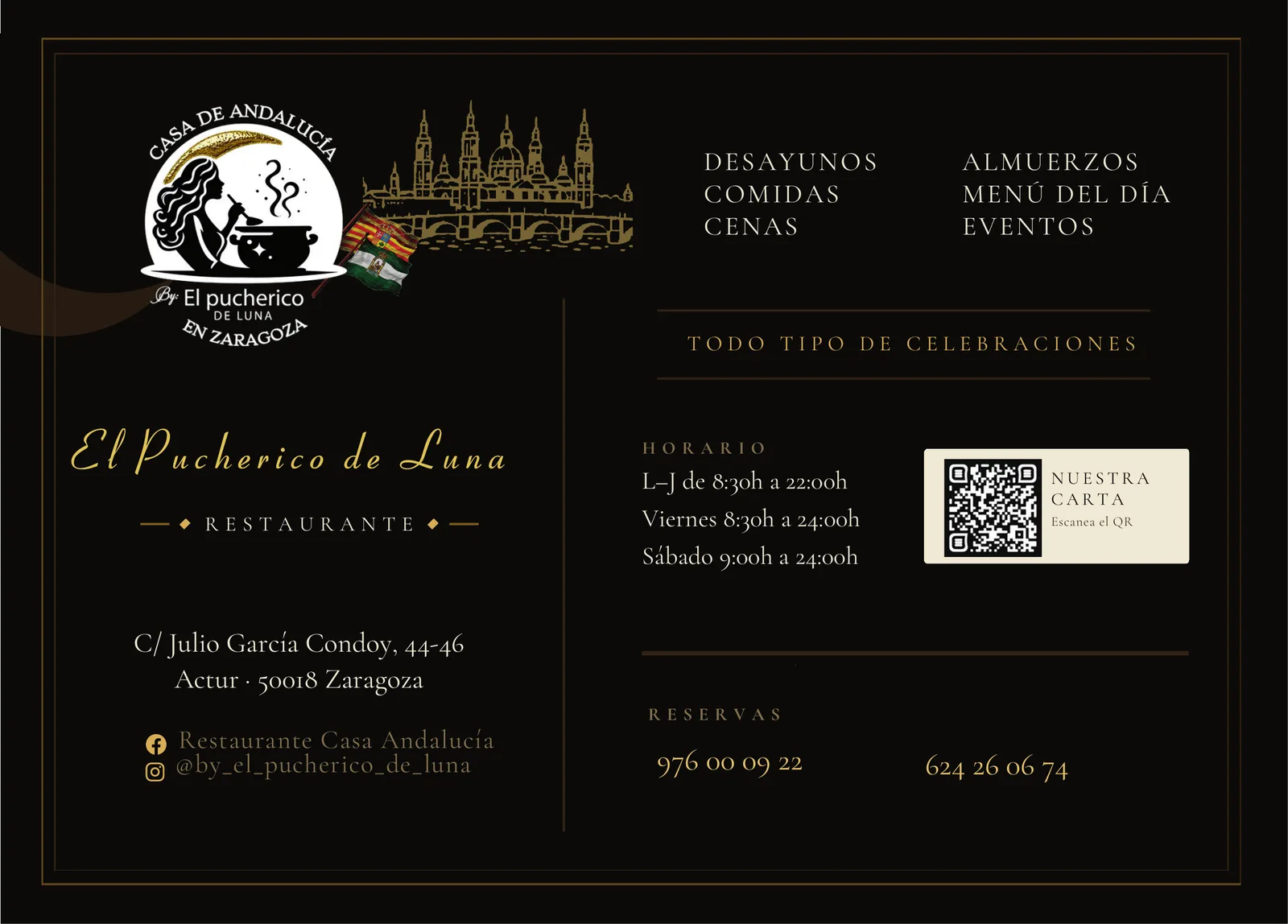 Flyer de El Pucherico de Luna con horarios, reservas y la carta en QR